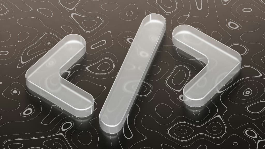 Frosted code symbols on a dark topographic surface